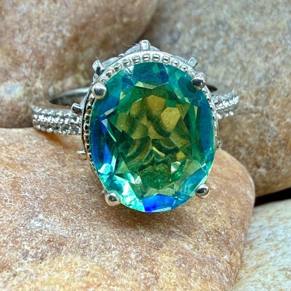 Peacock Quartz Triplet 7.90ctw Platinum Over 925 Sz 7 Ring - Picture 3 of 17